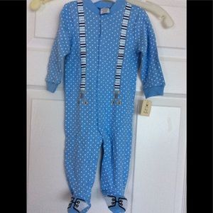 One piece  pajama baby footie 100%  cotton blue polka dot whimsical suspenders